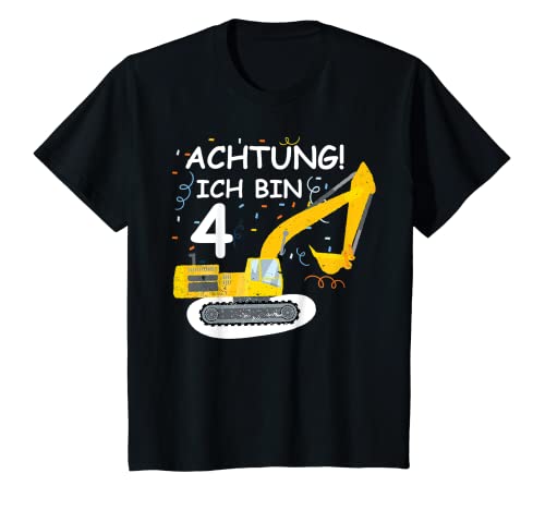 Kinder Achtung ich bin 4 Geburtstag Junge Trecker Bagger Kinder T-Shirt von Lustige Kindergeburtstags design Jungen & Mädchen