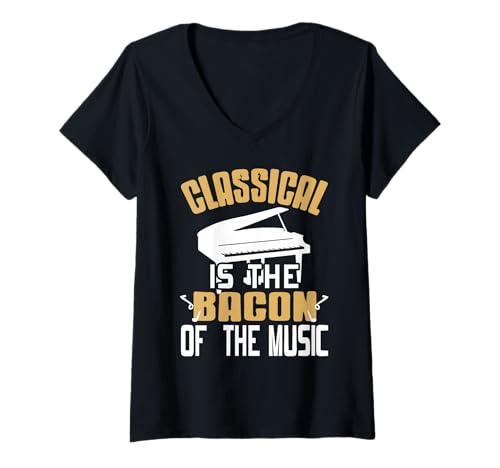 Damen Klassik Bacon Musik Humor Wortspiel Klavier T-Shirt mit V-Ausschnitt von Lustige Klassik Musik Sprüche Fans