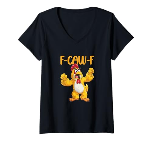 Damen Hühnerhumor. F-CAW-F, lustiger FCAWF T-Shirt mit V-Ausschnitt von Lustige Krähe Grahic, lustiges Hühnchen fcawf