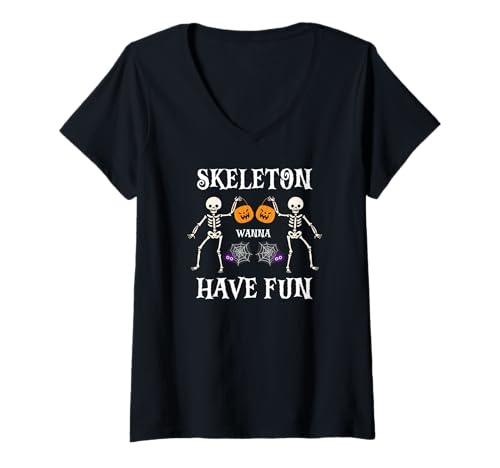 Damen Skelette Wollen Spaß Haben Kürbis Halloween Humor T-Shirt mit V-Ausschnitt von Lustige Kürbis Skelette Halloween Fans