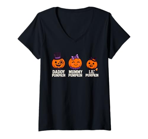 Damen Daddy Pumpkin Mummy Pumpkin Lil' Pumpkin T-Shirt mit V-Ausschnitt Damen Daddy Pumpkin Mummy Pumpkin Lil' Pumpkin T-Shirt mit V-Ausschnitt von Lustige Kürbisfamilie Halloween Spaß