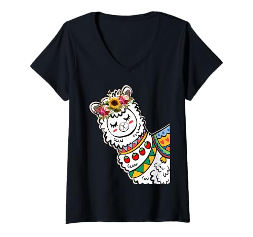 Damen Lustige Alpaka mit Blumen süße Tiere für Frauen Mädchen T-Shirt mit V-Ausschnitt Damen Lustige Alpaka mit Blumen süße Tiere für Frauen Mädchen T-Shirt mit V-Ausschnitt von Lustige Lama Alpaka -Tierliebhaber