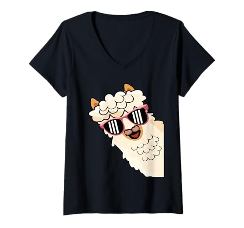 Damen Lustige Alpaka mit Sonnenbrillen süße Tiere für Frauen T-Shirt mit V-Ausschnitt von Lustige Lama Alpaka -Tierliebhaber