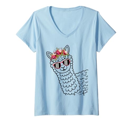 Damen Lustige Alpaka mit Sonnenbrillen süße Tiere für Frauen T-Shirt mit V-Ausschnitt von Lustige Lama Alpaka -Tierliebhaber