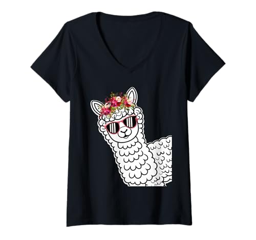 Damen Lustige Alpaka mit Sonnenbrillen süße Tiere für Frauen T-Shirt mit V-Ausschnitt von Lustige Lama Alpaka -Tierliebhaber
