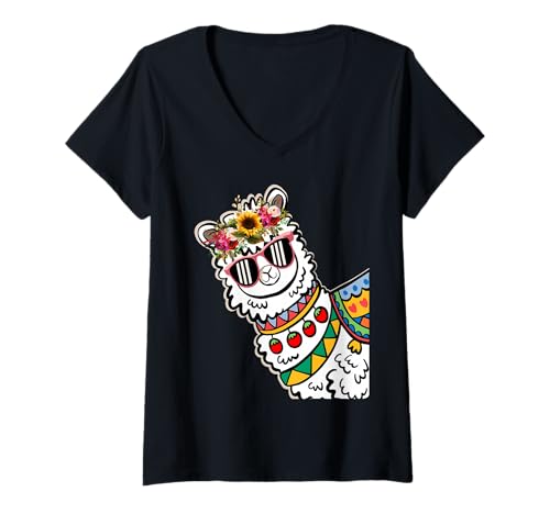 Damen Lustige Alpaka mit Sonnenbrillen süße Tiere für Frauen T-Shirt mit V-Ausschnitt von Lustige Lama Alpaka -Tierliebhaber