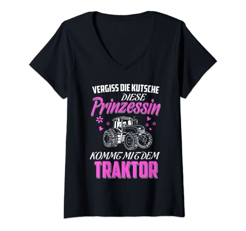 Damen Prinzessin kommt mit Traktor Schlepper Spruch für Landwirte T-Shirt mit V-Ausschnitt von Lustige Landwirtschaft und Bauernhof Bekleidung