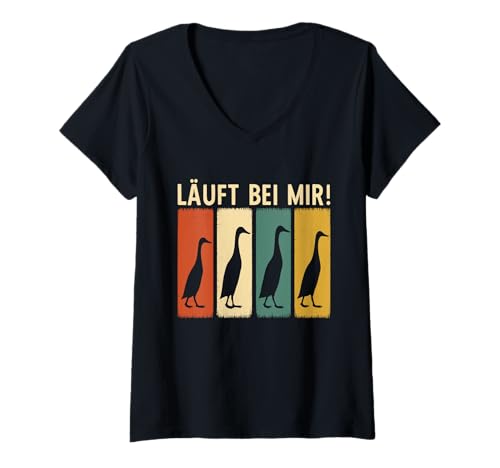 Damen Laufenten - Läuft bei Mir - Laufenten Retro T-Shirt mit V-Ausschnitt von Lustige Laufenten Sprüche Enten Entenzucht Zubehör