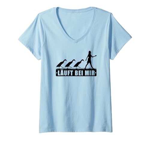 Damen Lustiges Laufenten - Läuft bei Mir Entenzucht Laufente Ente T-Shirt mit V-Ausschnitt von Lustige Laufenten Sprüche Enten Entenzucht Zubehör