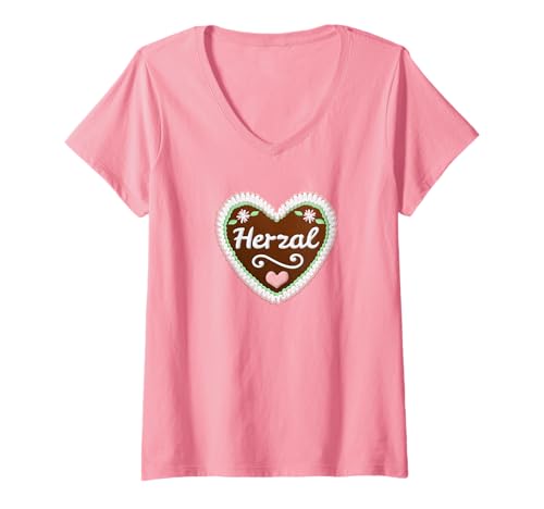 Damen Herzal Herz Motiv Lebkuchenherz Trachten T-Shirt mit V-Ausschnitt von Lustige Lebkuchenherzen Sprüche sDesignsz Ideen
