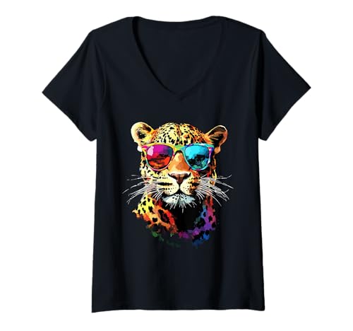 Damen Leopard Panther Raubkatze Süße Großkatze Panter Leoparden T-Shirt mit V-Ausschnitt von Lustige Leoparden für alle Raubkatzen Liebhaber
