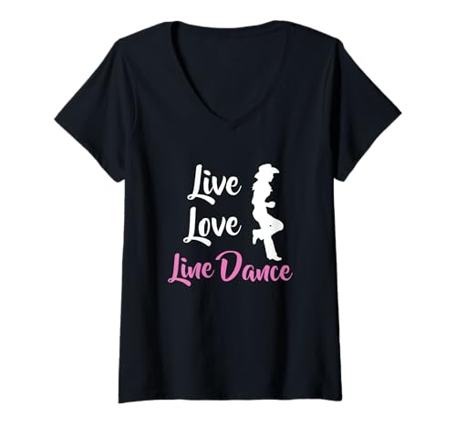 Damen Live Love Line Dance Countrymusik Western Tänzer Cowgirl T-Shirt mit V-Ausschnitt von Lustige Line Dance & Line Dancer Shop