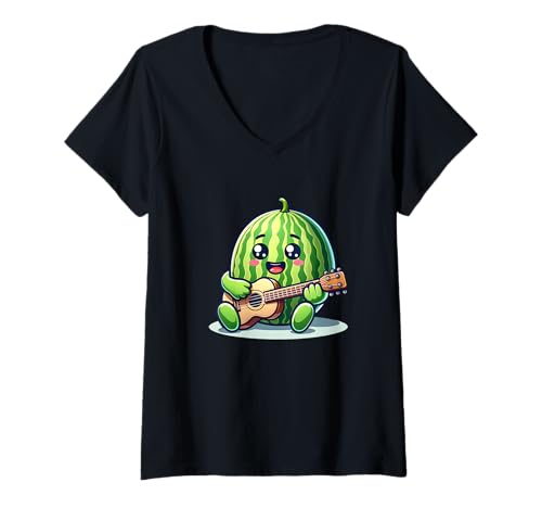 Damen Niedliche Wassermelone Spielt Gitarre Sommer Musik T-Shirt mit V-Ausschnitt Damen Niedliche Wassermelone Spielt Gitarre Sommer Musik T-Shirt mit V-Ausschnitt von Lustige Melone Gitarre Musik Sommer Cartoon