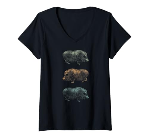 Damen Minischweine Hängebauchschweine T-Shirt mit V-Ausschnitt Damen Minischweine Hängebauchschweine T-Shirt mit V-Ausschnitt von Lustige Minischwein Schweine Kleidung