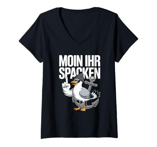 Damen Moin Ihr Spacken Möwe Anker Retro T-Shirt mit V-Ausschnitt Damen Moin Ihr Spacken Möwe Anker Retro T-Shirt mit V-Ausschnitt von Lustige Möwe Anker Moin Norddeutsch Humor