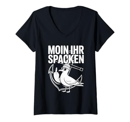 Damen Moin Ihr Spacken Möwe Anker Retro T-Shirt mit V-Ausschnitt Damen Moin Ihr Spacken Möwe Anker Retro T-Shirt mit V-Ausschnitt von Lustige Möwe Anker Moin Norddeutsch Humor
