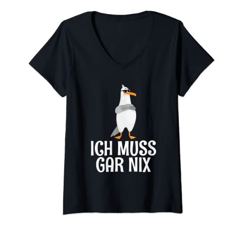 Damen Ich Muss Gar Nix Faule Möwe Statement Spruch T-Shirt mit V-Ausschnitt Damen Ich Muss Gar Nix Faule Möwe Statement Spruch T-Shirt mit V-Ausschnitt von Lustige Möwen Spruch Kleidung