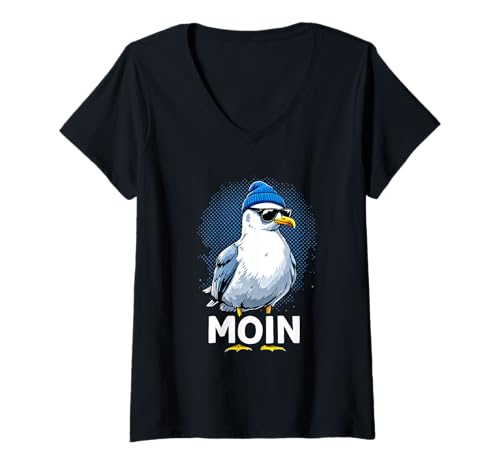 Damen Moin Möwen Norddeutschland Moin Gruß Gruß Ostsee Nordsee T-Shirt mit V-Ausschnitt Damen Moin Möwen Norddeutschland Moin Gruß Gruß Ostsee Nordsee T-Shirt mit V-Ausschnitt von Lustige Möwenliebhaber Deutscher Gruß Nordsee