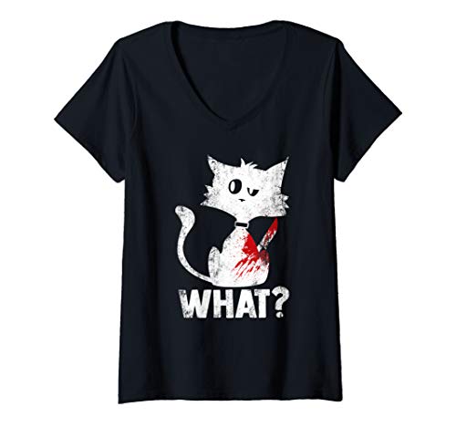 Damen Nette psycho mörderische schwarze Katze was mit Messer T-Shirt mit V-Ausschnitt Damen Nette psycho mörderische schwarze Katze was mit Messer T-Shirt mit V-Ausschnitt von Lustige Mordkatze Halloween-Hemden Männer Frauen