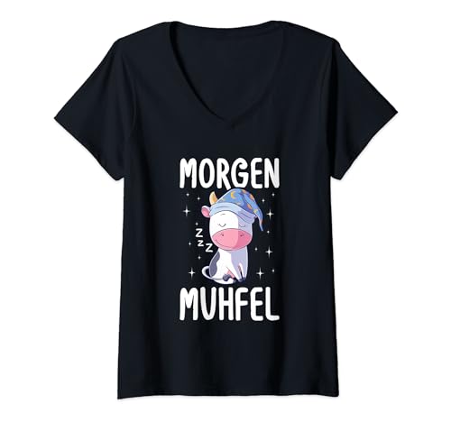 Damen Morgen Muhfel Kuh Morgenmuffel Müde Landwirt Pyjama Kühe T-Shirt mit V-Ausschnitt von Lustige Morgenmuffel Sprüche