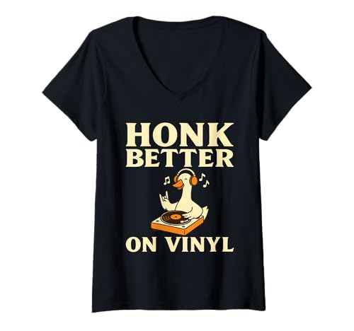 Damen Honk Better On Vinyl Gans DJ Vinyl Schallplatten T-Shirt mit V-Ausschnitt Damen Honk Better On Vinyl Gans DJ Vinyl Schallplatten T-Shirt mit V-Ausschnitt von Lustige Musik Vinyl Plattenspieler
