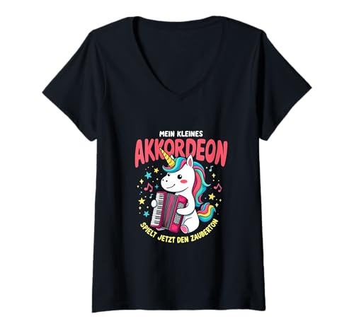 Damen Mein kleines Akkordeon Spruch Zauberton Einhorn Musikschule T-Shirt mit V-Ausschnitt Damen Mein kleines Akkordeon Spruch Zauberton Einhorn Musikschule T-Shirt mit V-Ausschnitt von Lustige Musikinstrument Motive für Kinder
