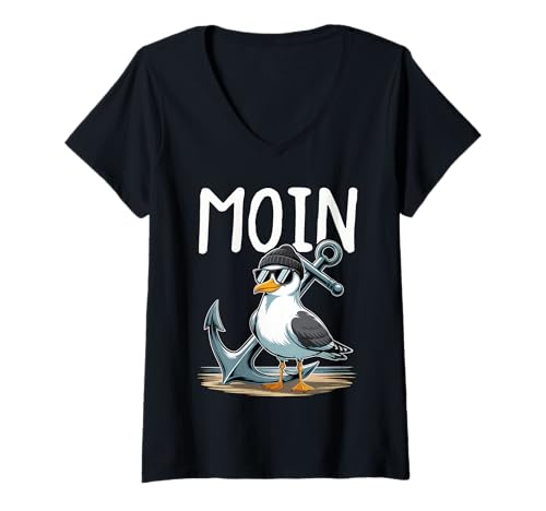 Damen Möwen Geschenk - Küstenmotiv mit Anker - Norddeutsches Moin T-Shirt mit V-Ausschnitt Damen Möwen Geschenk - Küstenmotiv mit Anker - Norddeutsches Moin T-Shirt mit V-Ausschnitt von Lustige Norddeutsche Sprüche Möwe Anker Leuchtturm