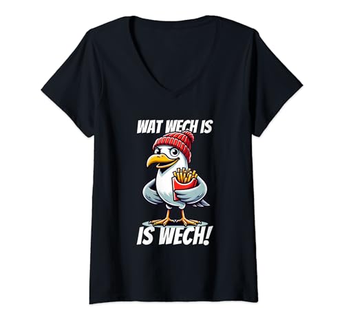 Damen Lustige Nordsee Urlaub Möwe Mit Pommes Plattdeutsch Spruch T-Shirt mit V-Ausschnitt Damen Lustige Nordsee Urlaub Möwe Mit Pommes Plattdeutsch Spruch T-Shirt mit V-Ausschnitt von Lustige Nordsee Ostfriesland Plattdeutsch Outfits