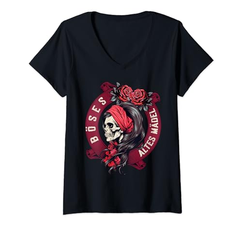 Damen Böses Altes Mädel Bandana Schädel Rosen Bikerin Totenkopf T-Shirt mit V-Ausschnitt Damen Böses Altes Mädel Bandana Schädel Rosen Bikerin Totenkopf T-Shirt mit V-Ausschnitt von Lustige Oma & Rentnerinnen Outfit Geschenke