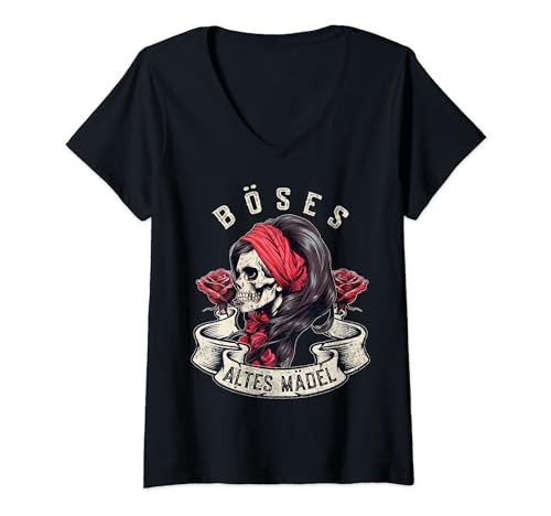 Damen Böses Altes Mädel Totenkopf Bikerin Rosen Schädel Bandana T-Shirt mit V-Ausschnitt Damen Böses Altes Mädel Totenkopf Bikerin Rosen Schädel Bandana T-Shirt mit V-Ausschnitt von Lustige Oma & Rentnerinnen Outfit Geschenke