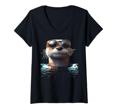 Damen Otter mit Sonnenbrille Ich Liebe Seeotter Marder Süßer Otter T-Shirt mit V-Ausschnitt von Lustige Otter Motive für Riesenotter Liebhaber