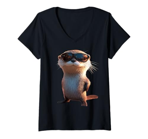 Damen Otter mit Sonnenbrille Ich Liebe Seeotter Marder Süßer Otter T-Shirt mit V-Ausschnitt von Lustige Otter Motive für Riesenotter Liebhaber