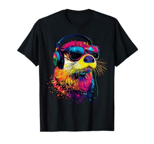 Lustige Otter Motive für Riesenotter Liebhaber - Otter mit Sonnenbrille Ich Liebe Seeotter Marder Süßer Otter Unisex-Erwachsene Unisex-Kinder T-Shirt Schwarz, Mehrfarbig S von Lustige Otter Motive für Riesenotter Liebhaber