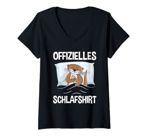 Damen Offizielles Schlafshirt Müder Otter Pyjama Schlaf T-Shirt mit V-Ausschnitt von Lustige Otter Schlafkleidung