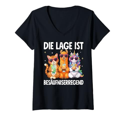 Damen Die Lage Ist Besäufniserregend Einhorn Lama Katze T-Shirt mit V-Ausschnitt Damen Die Lage Ist Besäufniserregend Einhorn Lama Katze T-Shirt mit V-Ausschnitt von Lustige Outfits für Party und Kneipentour