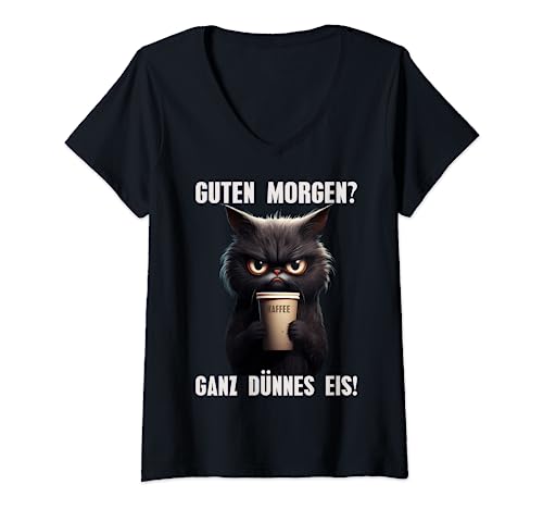 Damen Guten Morgen Ganz Dünnes Eis Schwarze Katze Morgenmuffel T-Shirt mit V-Ausschnitt Damen Guten Morgen Ganz Dünnes Eis Schwarze Katze Morgenmuffel T-Shirt mit V-Ausschnitt von Lustige Pajama Designs für Damen Herren und Kinder