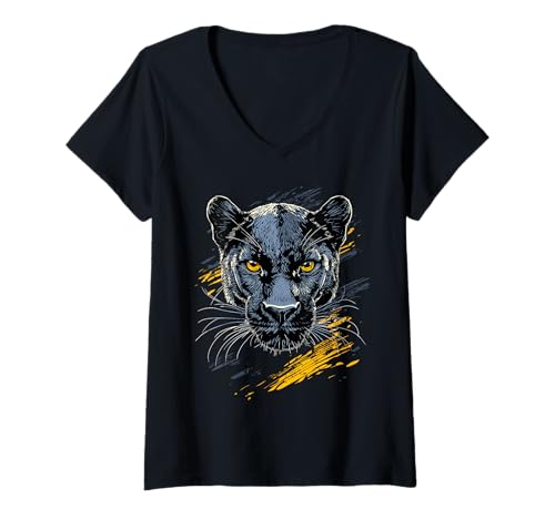 Damen Panther Leopard Raubkatze Süße Großkatze Panter Leoparden T-Shirt mit V-Ausschnitt von Lustige Panther für alle Raubkatzen Liebhaber