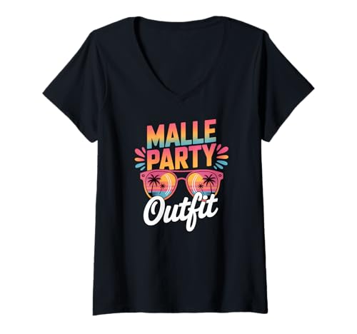 Damen Malle Party Gruppenshirt Mallorca Outfit Damen Herren Party T-Shirt mit V-Ausschnitt von Lustige Party Köstüme Frauen Männer Urlaub