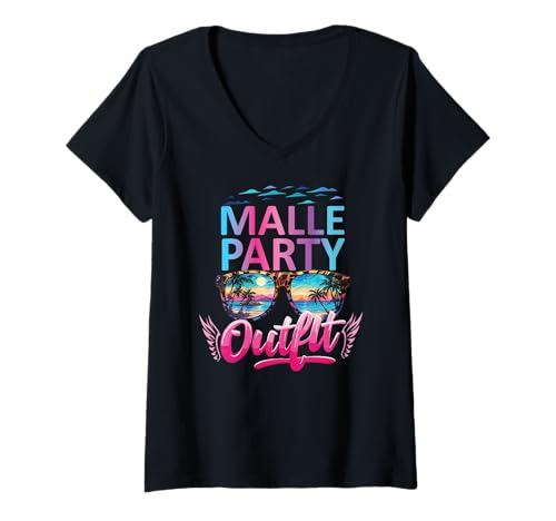 Damen Malle Party Gruppenshirt Mallorca Outfit Damen Herren Party T-Shirt mit V-Ausschnitt von Lustige Party Köstüme Frauen Männer Urlaub