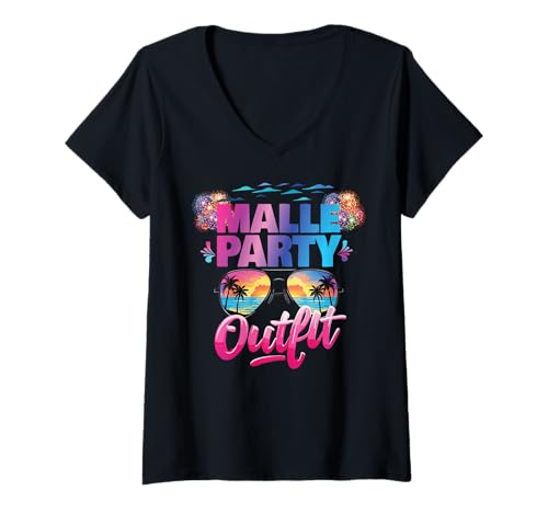 Damen Malle Party Gruppenshirt Mallorca Outfit Damen Herren Party T-Shirt mit V-Ausschnitt von Lustige Party Köstüme Frauen Männer Urlaub