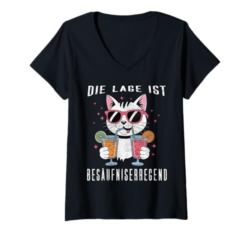 Damen Die Lage Ist Besäufniserregend Katze Humor Lustig Party T-Shirt mit V-Ausschnitt Damen Die Lage Ist Besäufniserregend Katze Humor Lustig Party T-Shirt mit V-Ausschnitt von Lustige Party Sprüche Humor Alkohol Trinksprüche