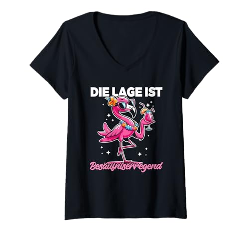 Damen Die Lage Ist Besäufniserregend Flamingo Party Feiern Spruch T-Shirt mit V-Ausschnitt von Lustige Party Sprüche Kleidung