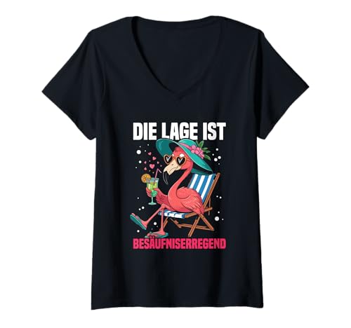 Damen Die Lage Ist Besäufniserregend Flamingo Party Feiern Urlaub T-Shirt mit V-Ausschnitt von Lustige Party Sprüche Kleidung