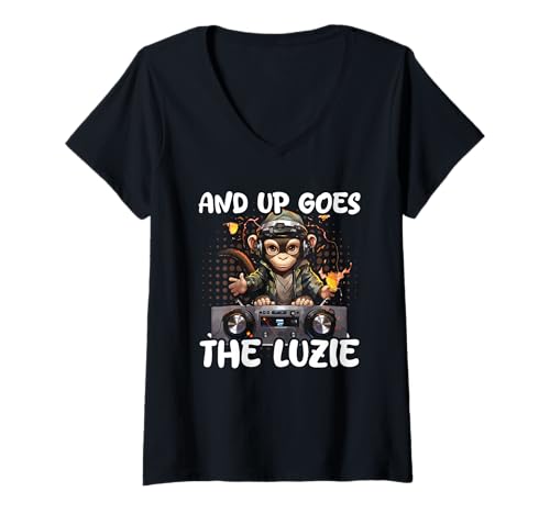 Damen and Up Goes The Luzie AFFE DJ Party Urlaub Feiern Spruch T-Shirt mit V-Ausschnitt von Lustige Party Sprüche Kleidung