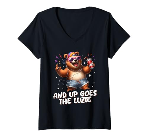 Damen and Up Goes The Luzie Bär Party Urlaub Feiern Spruch T-Shirt mit V-Ausschnitt Damen and Up Goes The Luzie Bär Party Urlaub Feiern Spruch T-Shirt mit V-Ausschnitt von Lustige Party Sprüche Kleidung