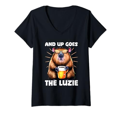 Damen and Up Goes The Luzie Bieber Bier Party Feiern Tanzen Spruch T-Shirt mit V-Ausschnitt von Lustige Party Sprüche Kleidung