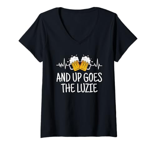 Damen and Up Goes The Luzie Bier Herzschlag Party Feiern Tanzen T-Shirt mit V-Ausschnitt Damen and Up Goes The Luzie Bier Herzschlag Party Feiern Tanzen T-Shirt mit V-Ausschnitt von Lustige Party Sprüche Kleidung