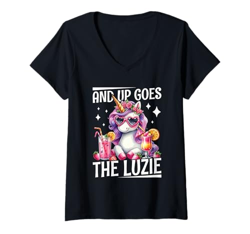 Damen and Up Goes The Luzie Einhorn Party Urlaub Feiern Lustig T-Shirt mit V-Ausschnitt Damen and Up Goes The Luzie Einhorn Party Urlaub Feiern Lustig T-Shirt mit V-Ausschnitt von Lustige Party Sprüche Kleidung