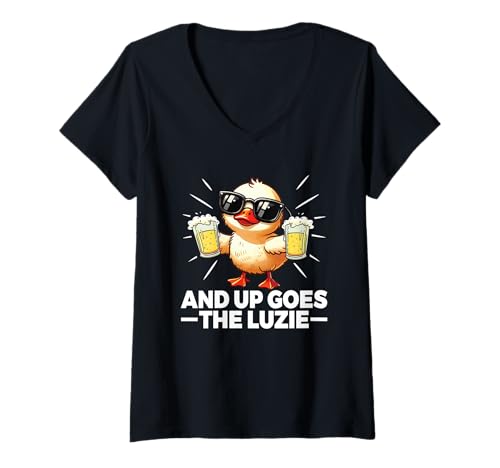Damen and Up Goes The Luzie Ente Party Bier Urlaub Feiern Spruch T-Shirt mit V-Ausschnitt Damen and Up Goes The Luzie Ente Party Bier Urlaub Feiern Spruch T-Shirt mit V-Ausschnitt von Lustige Party Sprüche Kleidung