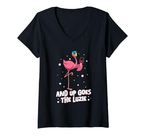 Damen and Up Goes The Luzie Flamingo Party Urlaub Feiern Lustig T-Shirt mit V-Ausschnitt Damen and Up Goes The Luzie Flamingo Party Urlaub Feiern Lustig T-Shirt mit V-Ausschnitt von Lustige Party Sprüche Kleidung